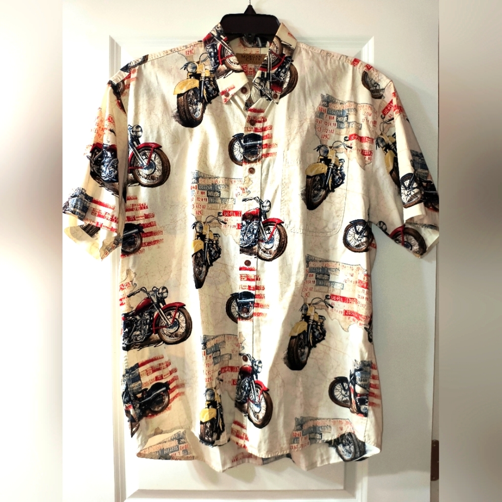 Motorcycle Print Button Down Shirt - Size L